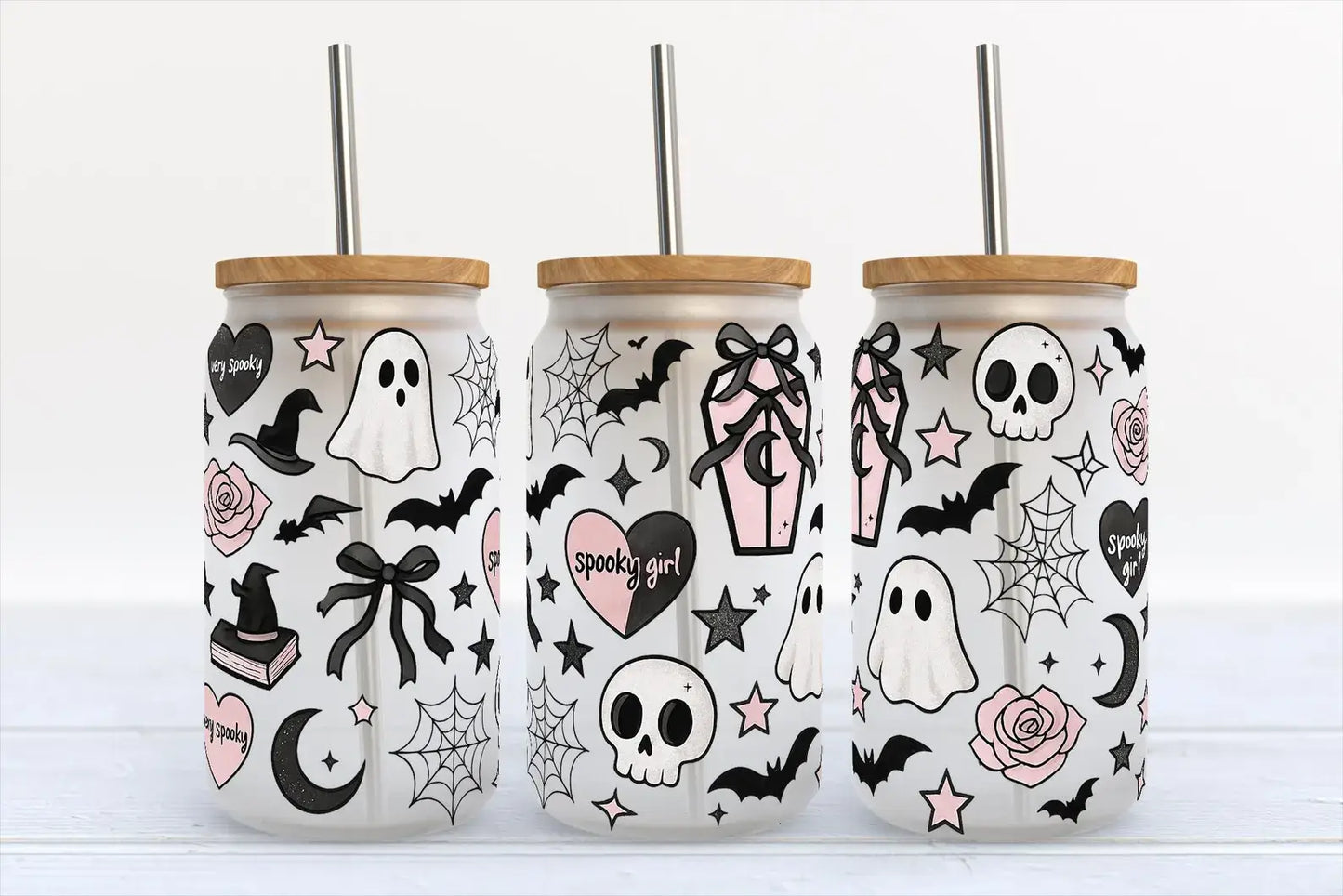 Kate Haven Glass Tumblers for Every Occasion - Spooky Girl Pink Halloween 16oz Frosted Libbey