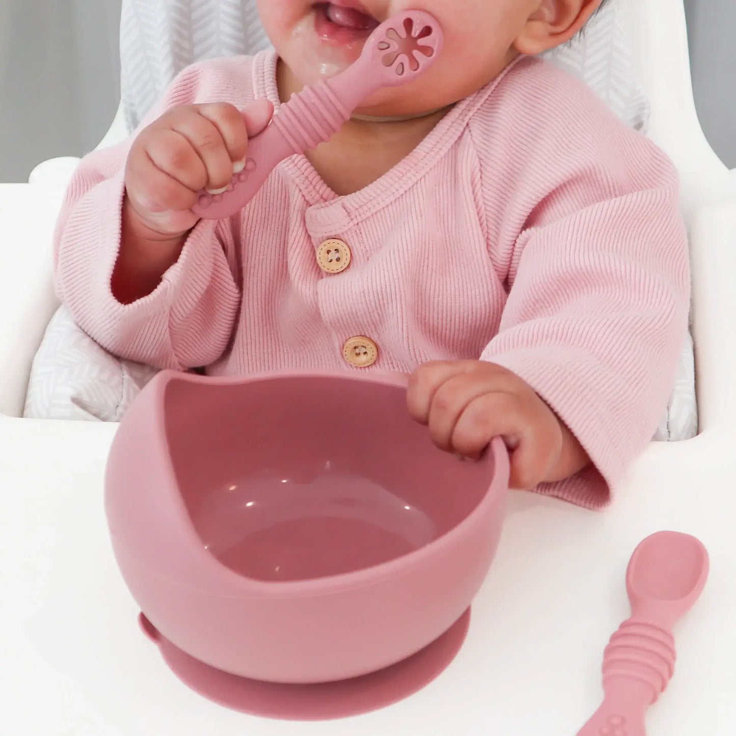 Suction Bowl & Training Spoons - Dusty Rose