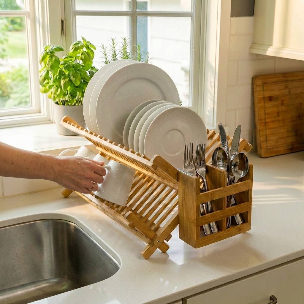 Bamboo Collapsible Drying Rack with Utensil Caddy