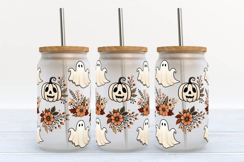Kate Haven Glass Tumblers for Every Occasion - Ghost Pumpkin Flower 16oz Frosted Libbey Glass Tumbler