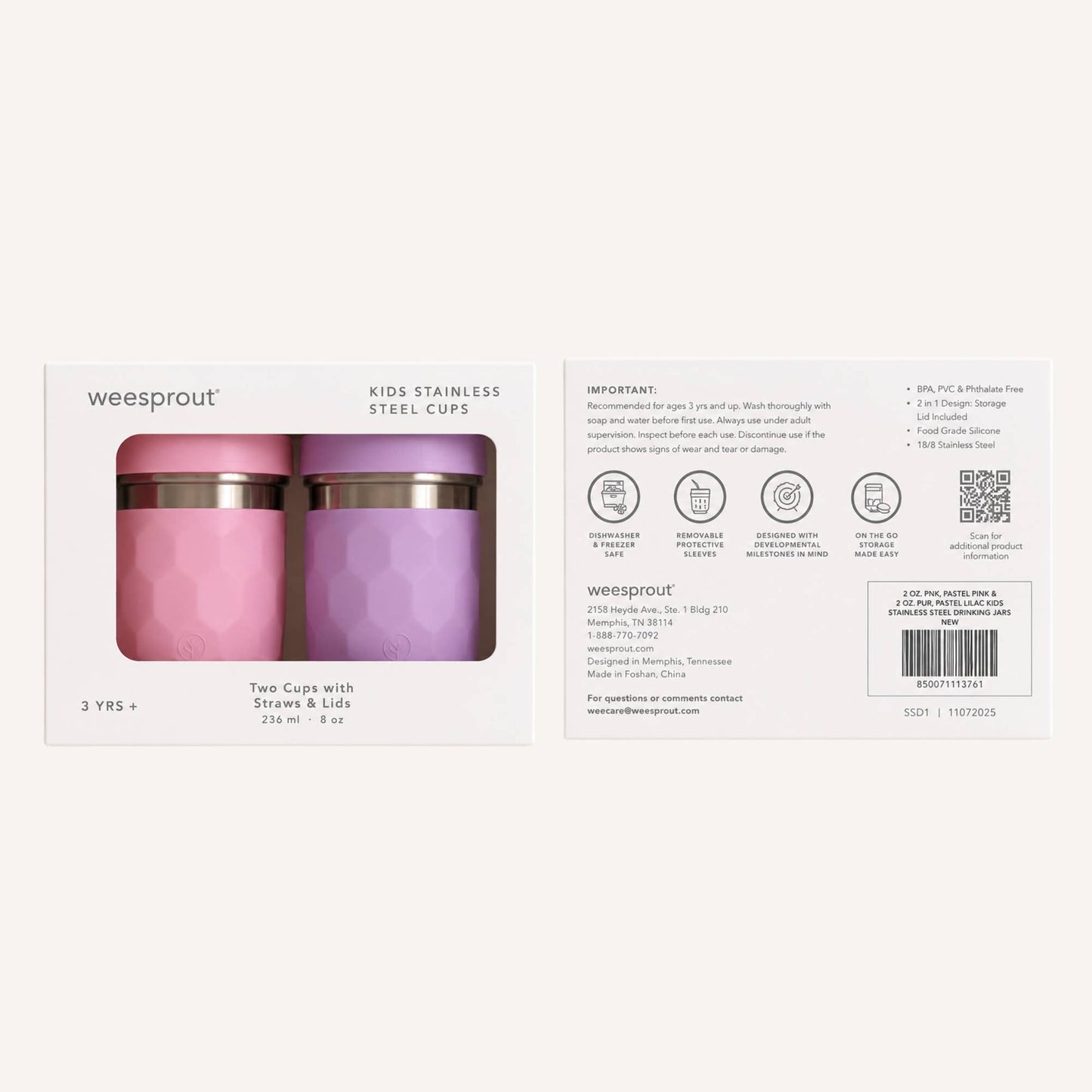 WeeSprout - 3-in-1 Stainless Steel Kids Cups – 8 oz, Set of 2