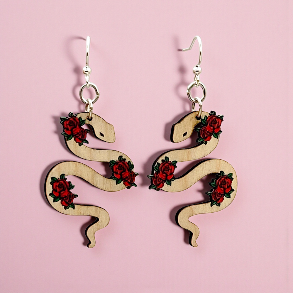 Green Tree Jewelry - Snake and Rose Earrings