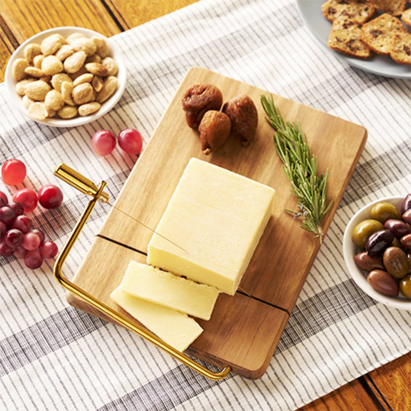 10 inch Acacia Cheese Slicing Board Gold Handled Wire Slicer