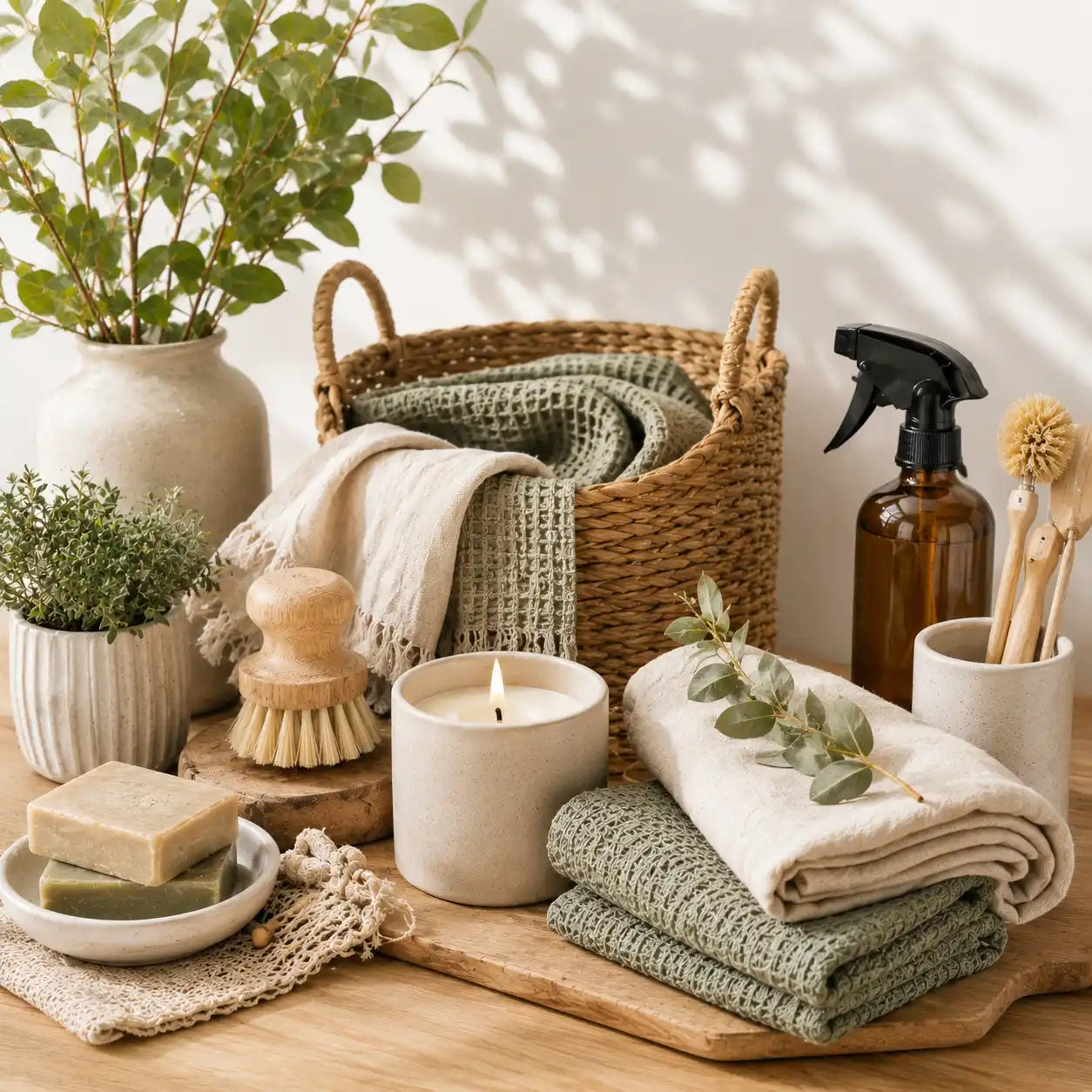 Eco-friendly household products, sustainable home goods, natural cleaning tools, candles, and everyday essentials