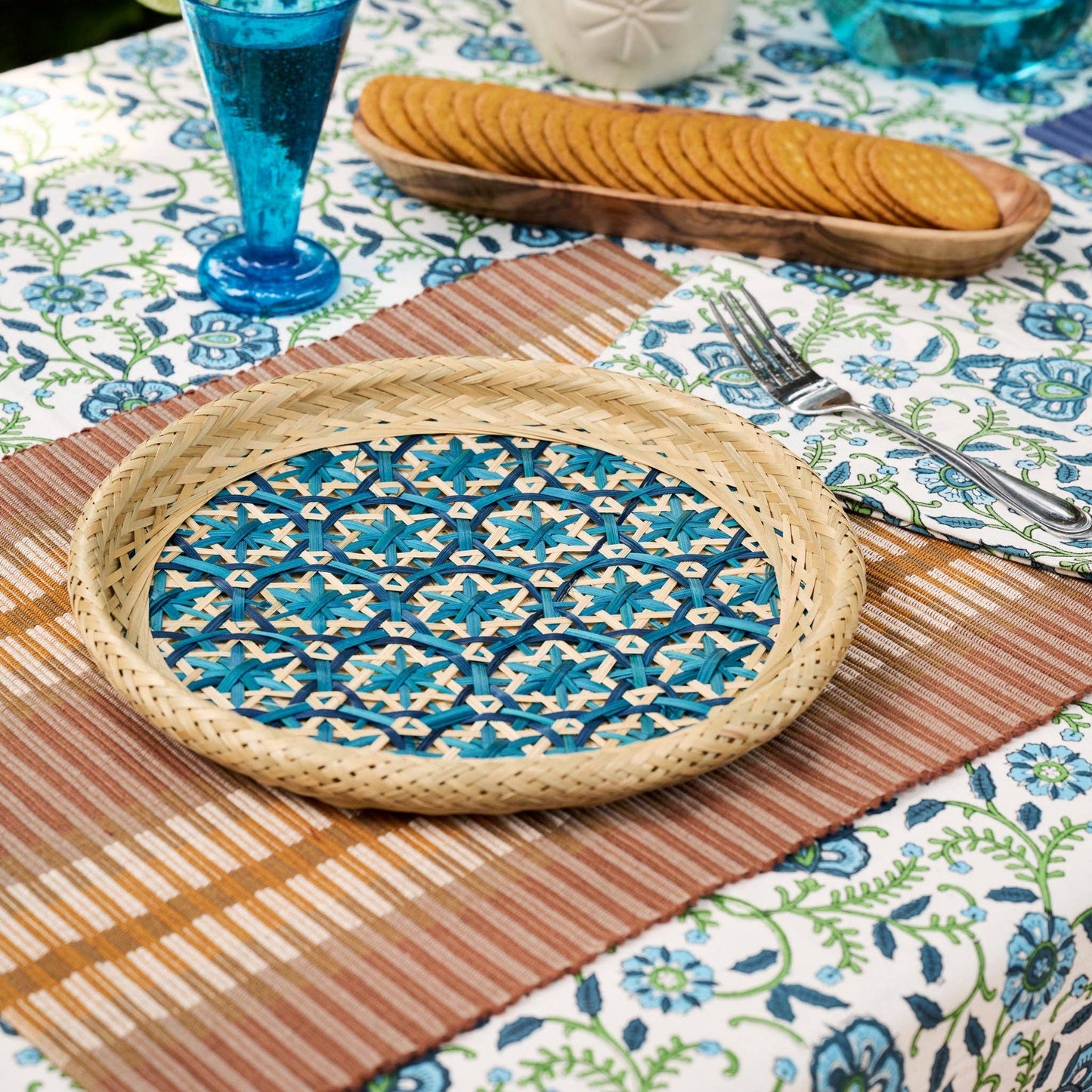 Ten Thousand Villages - Phu An Bamboo Basket with Blue - 10.5