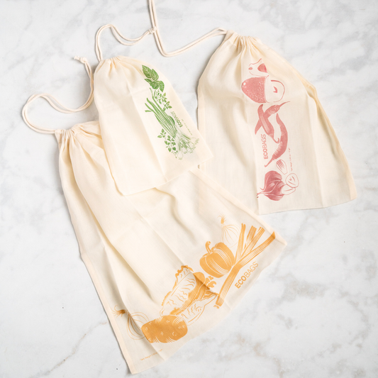 ECOBAGS - Organic Cotton Printed Reusable Produce Bags - 3 Pack