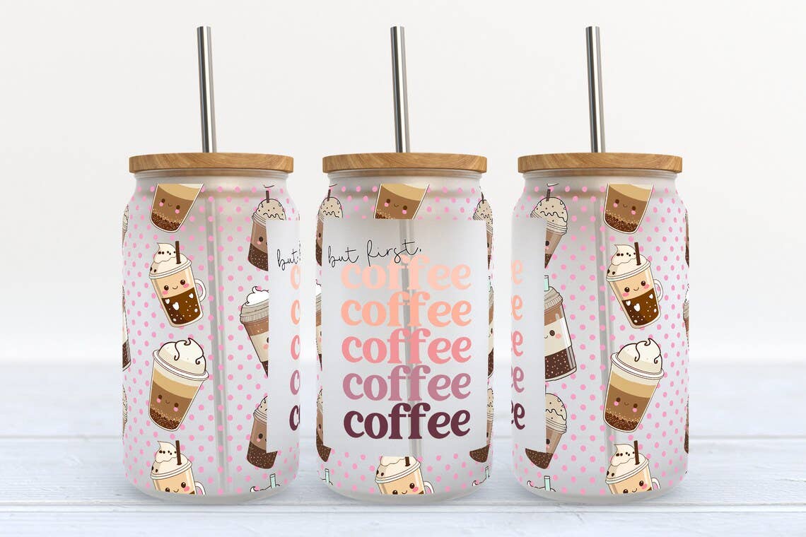 Kate Haven Glass Tumblers for Every Occasion - But First Coffee 16oz Frosted Libbey Glass Tumbler