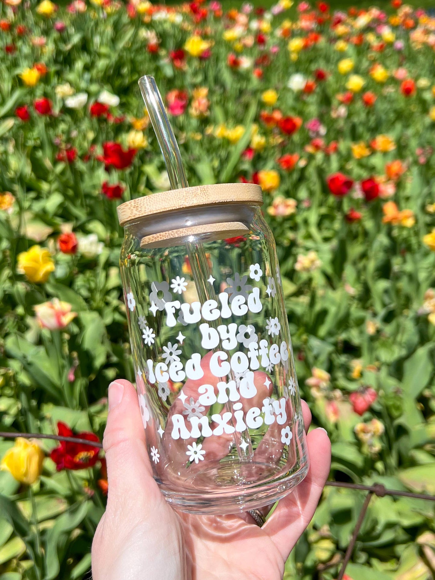 Uplifter Sticker - Fueled by Iced Coffee and Anxiety cup glass can 16 oz