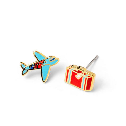Airplane & Suitcase Gold Stud Earrings | Travel Jewelry