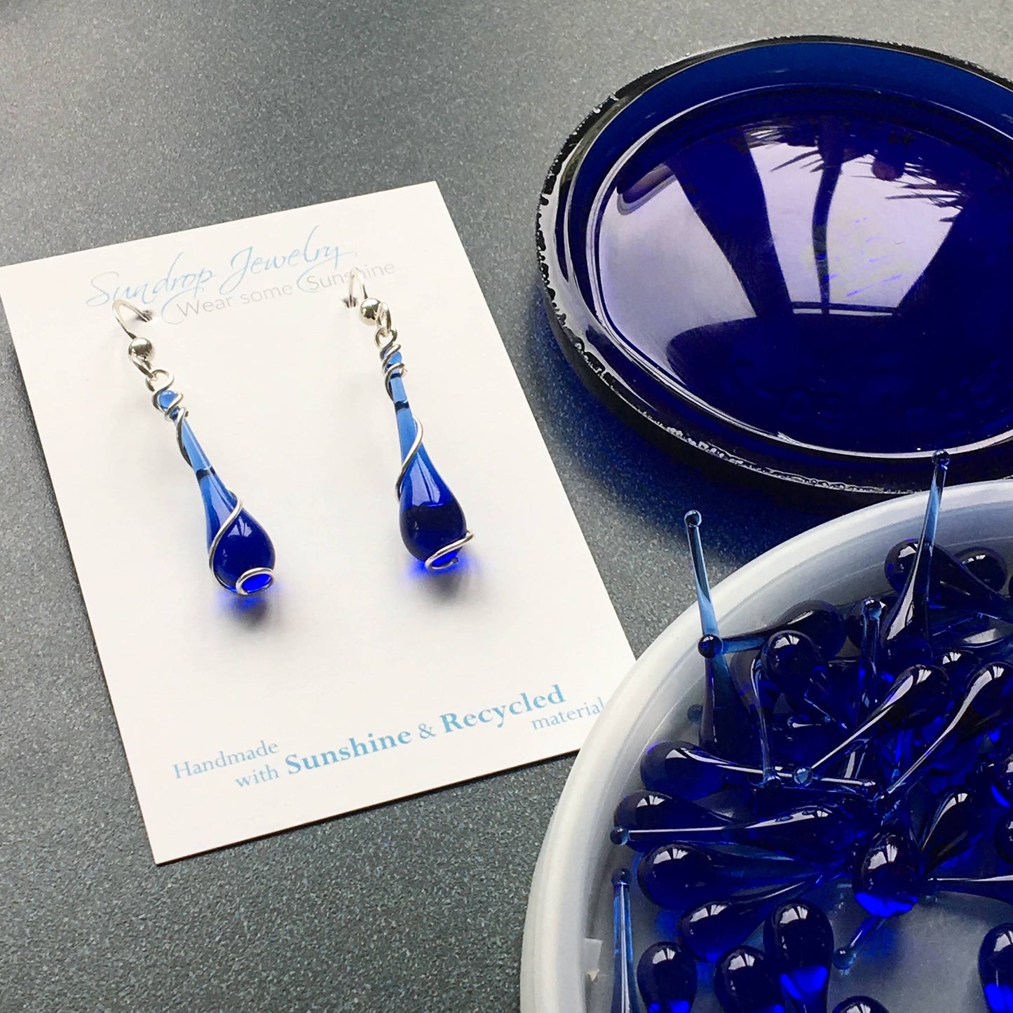 Sundrop Jewelry - Colorful Glass Teardrop Earrings with Recycled Silver Spiral