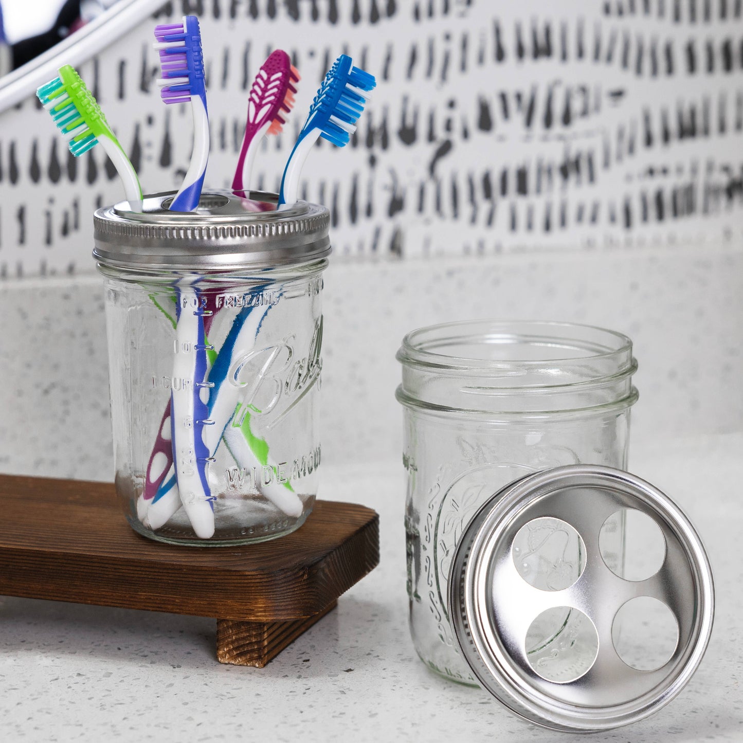 Fox Run Brands - Jarware Toothbrush Holder Lids For Wide Mouth Mason Jars