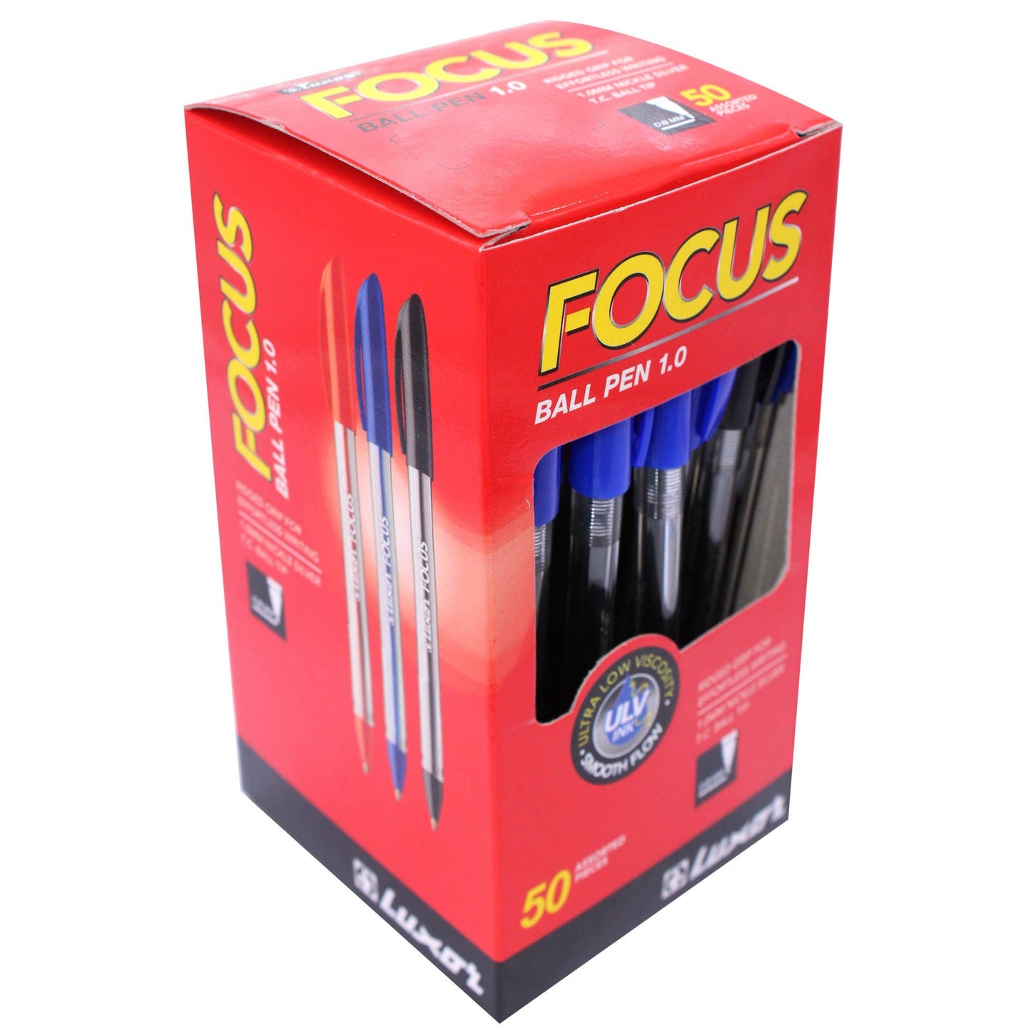 Focus Ballpoint Pen (50Pk Box Set), Red, Blue, Black Color