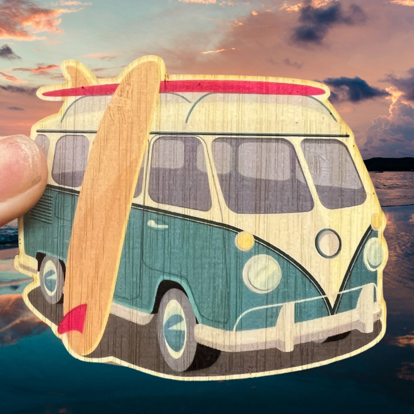 Bamboo Wood Stickers - Teal VW Van w/ Surfboard