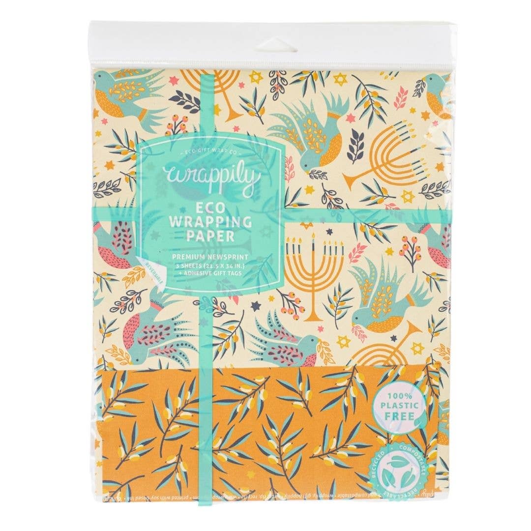 Wrappily Eco Gift Wrap Co. - Hanukkah  Doves • Double-sided Eco Wrapping Paper • Holiday