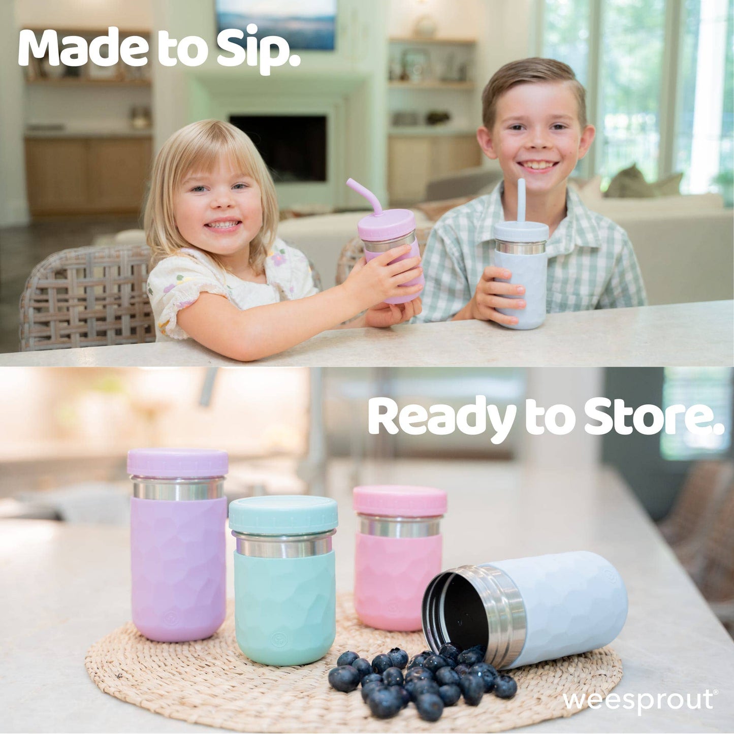 WeeSprout - 3-in-1 Stainless Steel Kids Cups – 8 oz, Set of 2