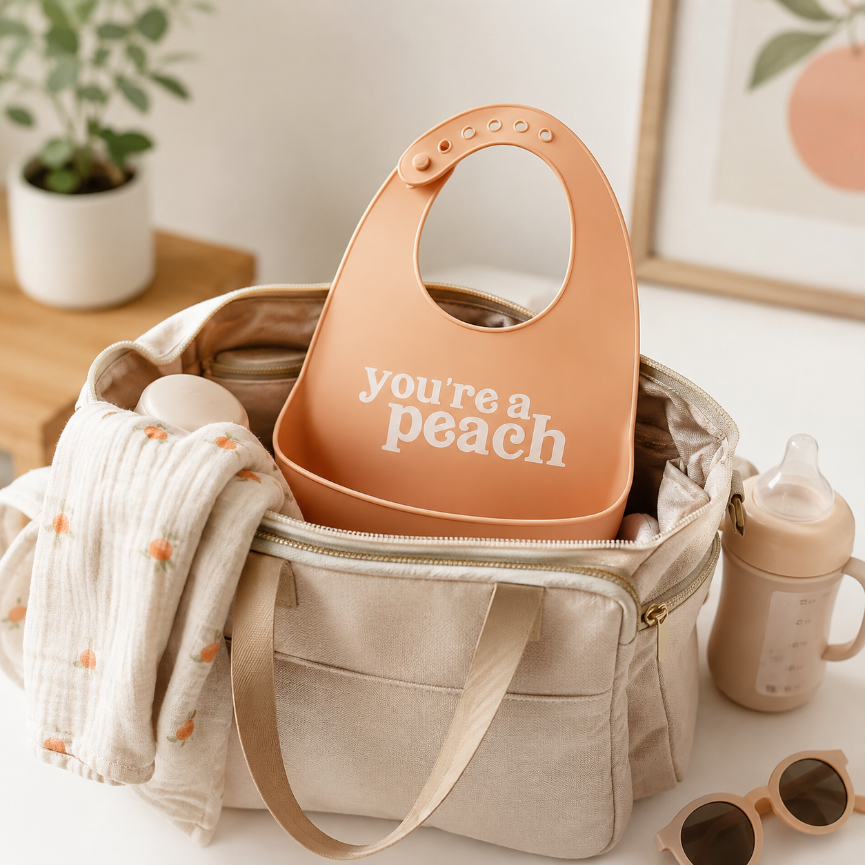 Pearhead - Baby Bib Set, You’re a Peach, Silicone, Set of 2