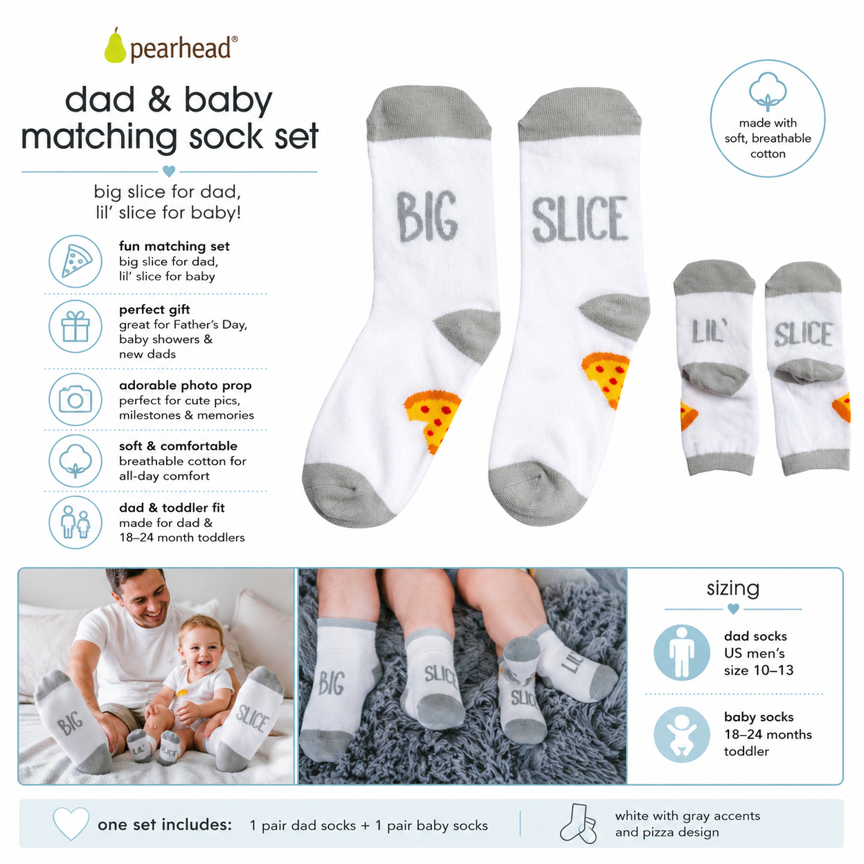 Pearhead - Daddy & Me Matching Pizza Sock Set, Father's Day Gift