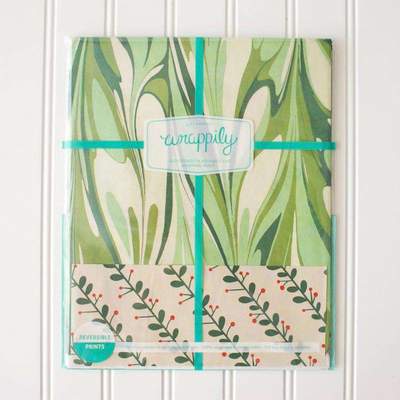 Wrappily Eco Gift Wrap Co. - Marbled/Mistletoe • Double-sided Eco Wrapping Paper •Holiday