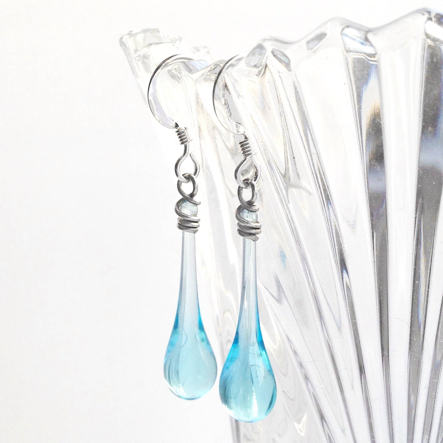 Sundrop Jewelry - Aqua Recycled Glass Raindrop Earrings, Elegant & Ecofriendly