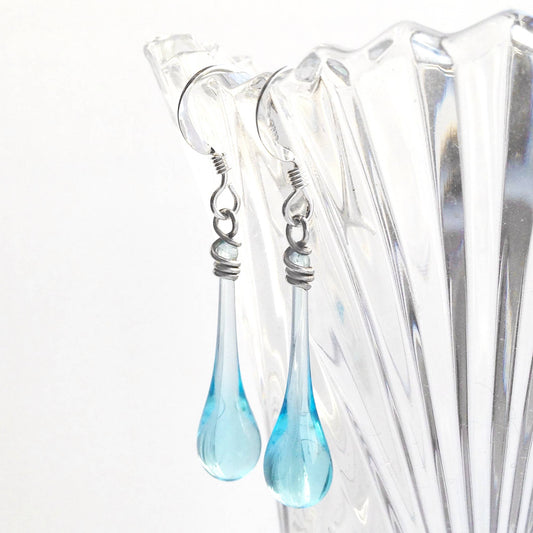 Sundrop Jewelry - Aqua Recycled Glass Raindrop Earrings, Elegant & Ecofriendly