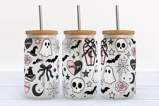 Kate Haven Glass Tumblers for Every Occasion - Spooky Girl Pink Halloween 16oz Frosted Libbey