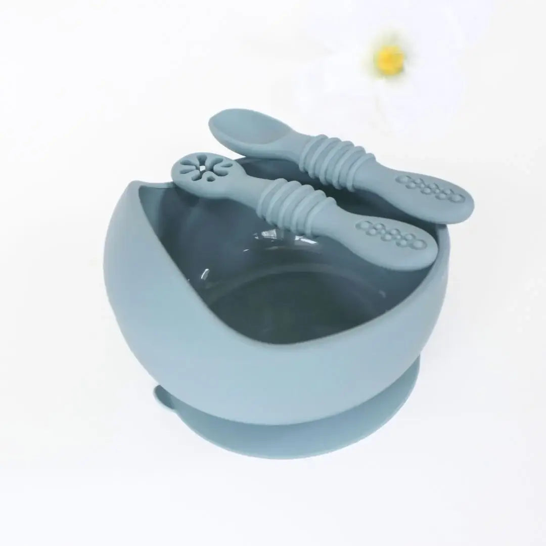 Suction Bowl & Training Spoons - Dusty Teal