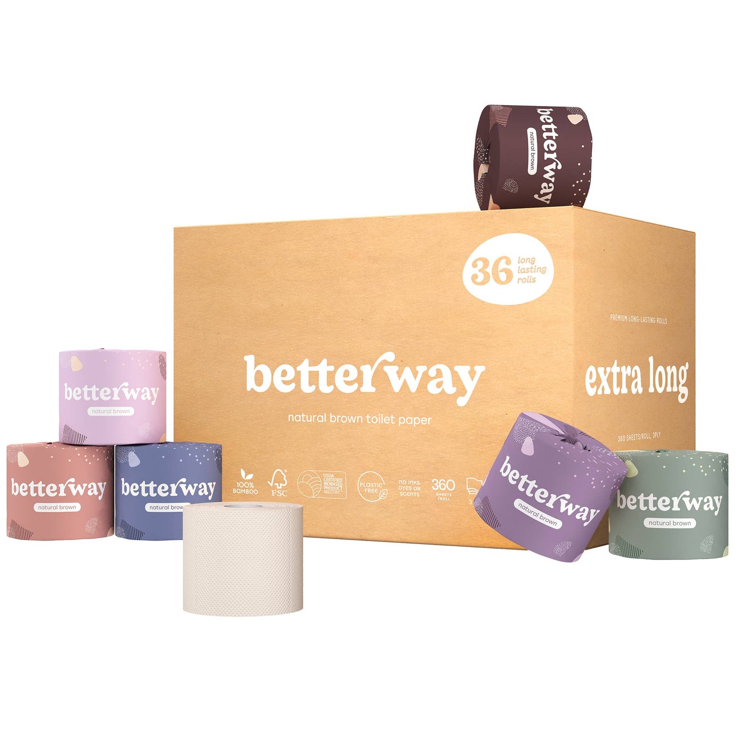 Betterway - Single-Wrapped Bamboo TP - 36-pack | White & Natural Brown