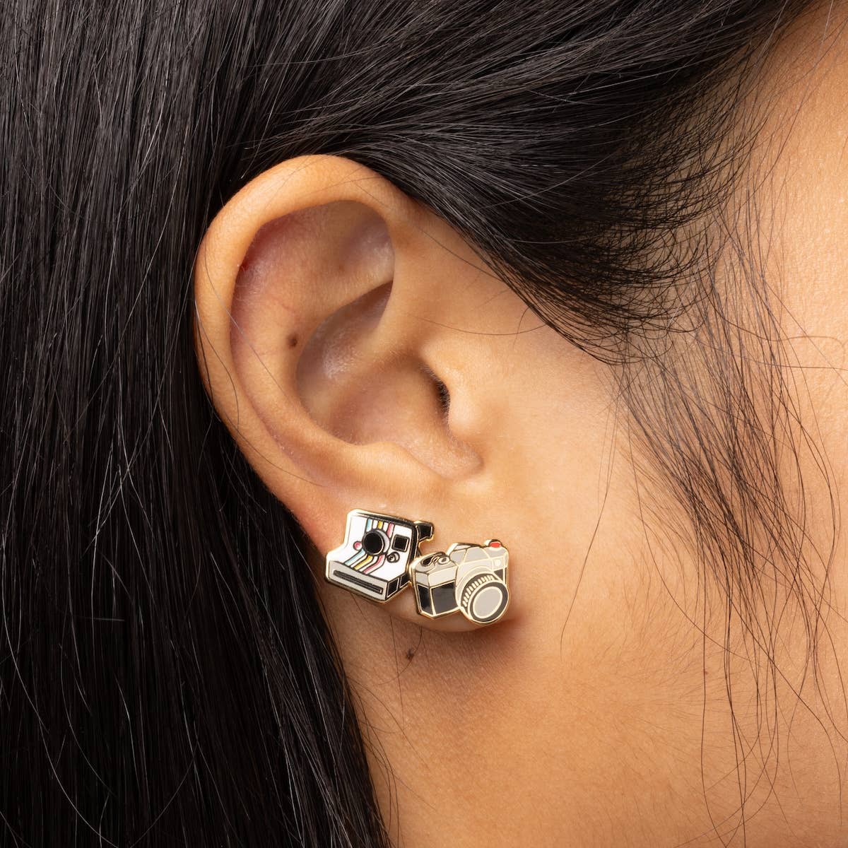 Cameras Earrings | Gold Polaroid Mismatched Studs