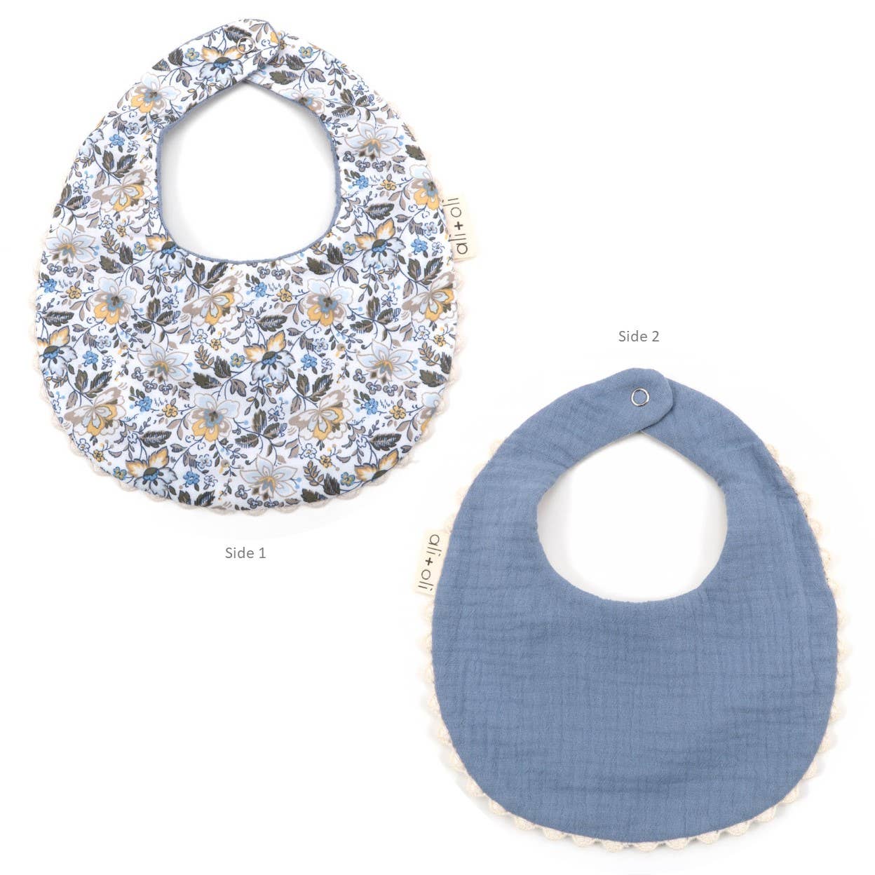 Ali+Oli - Muslin Cotton Reversable Baby Bib (Blue/Flowers)