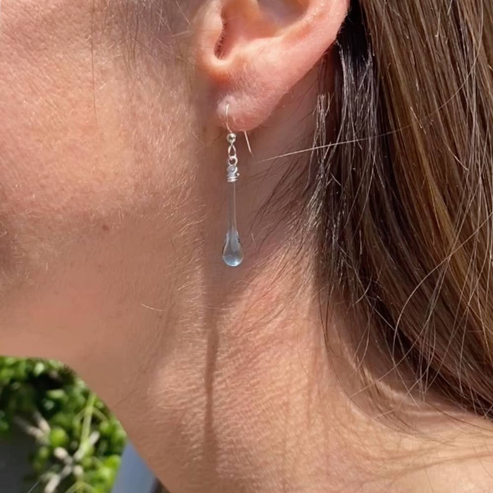 Sundrop Jewelry - Aqua Recycled Glass Raindrop Earrings, Elegant & Ecofriendly