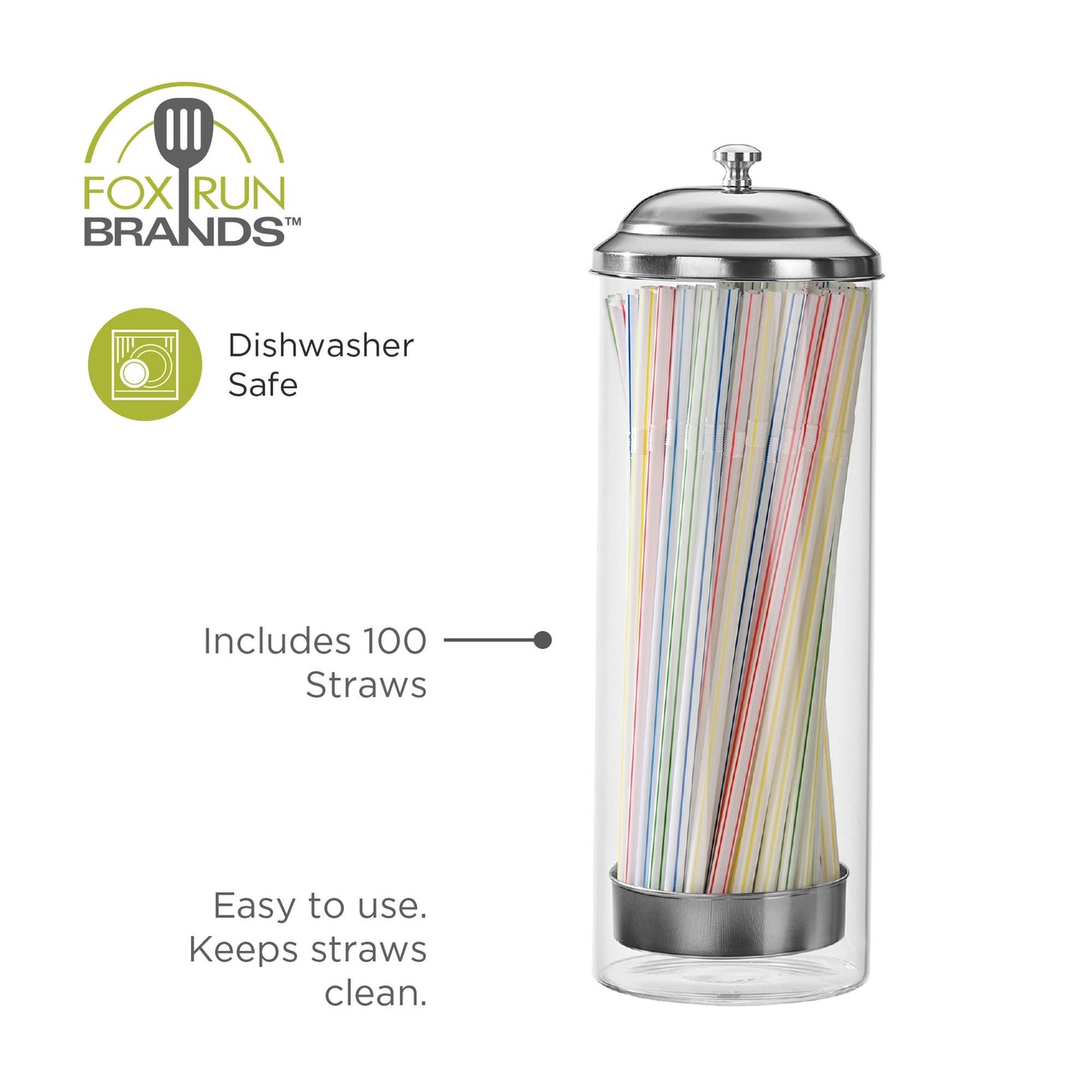 Fox Run Brands - Fox Run Glass Straw Holder with Stainless Steel Lid & Lifter