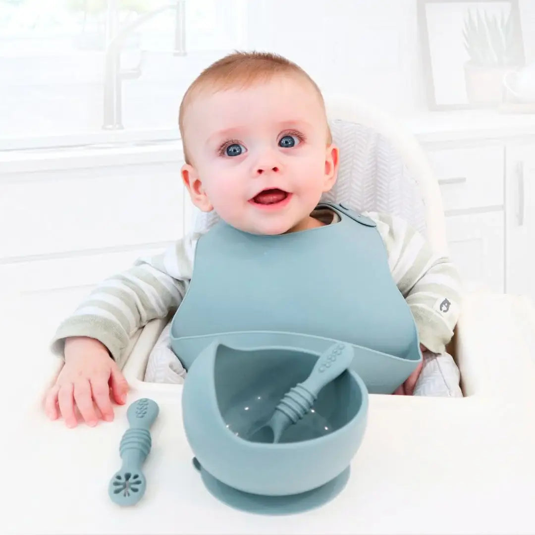 Suction Bowl & Training Spoons - Dusty Teal