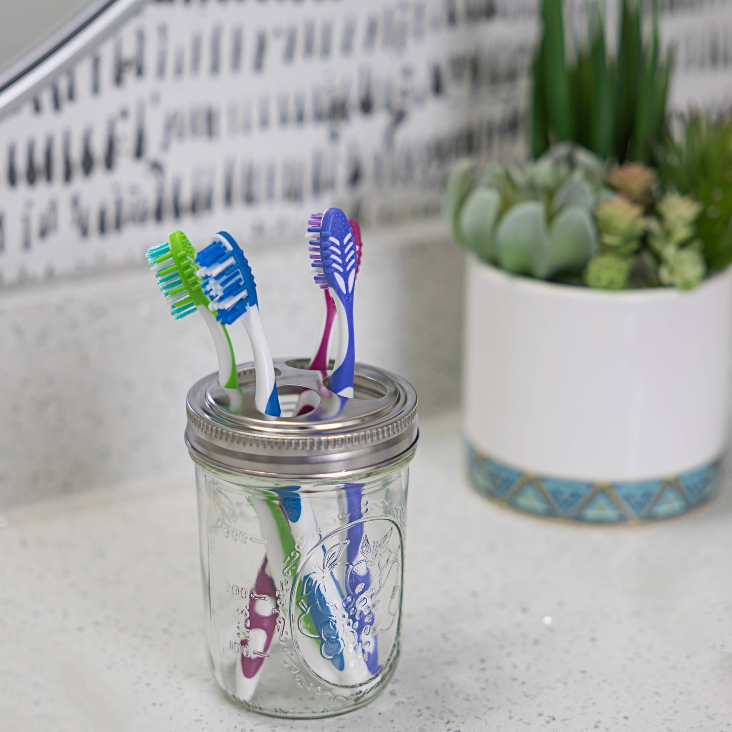 Fox Run Brands - Jarware Toothbrush Holder Lids For Wide Mouth Mason Jars