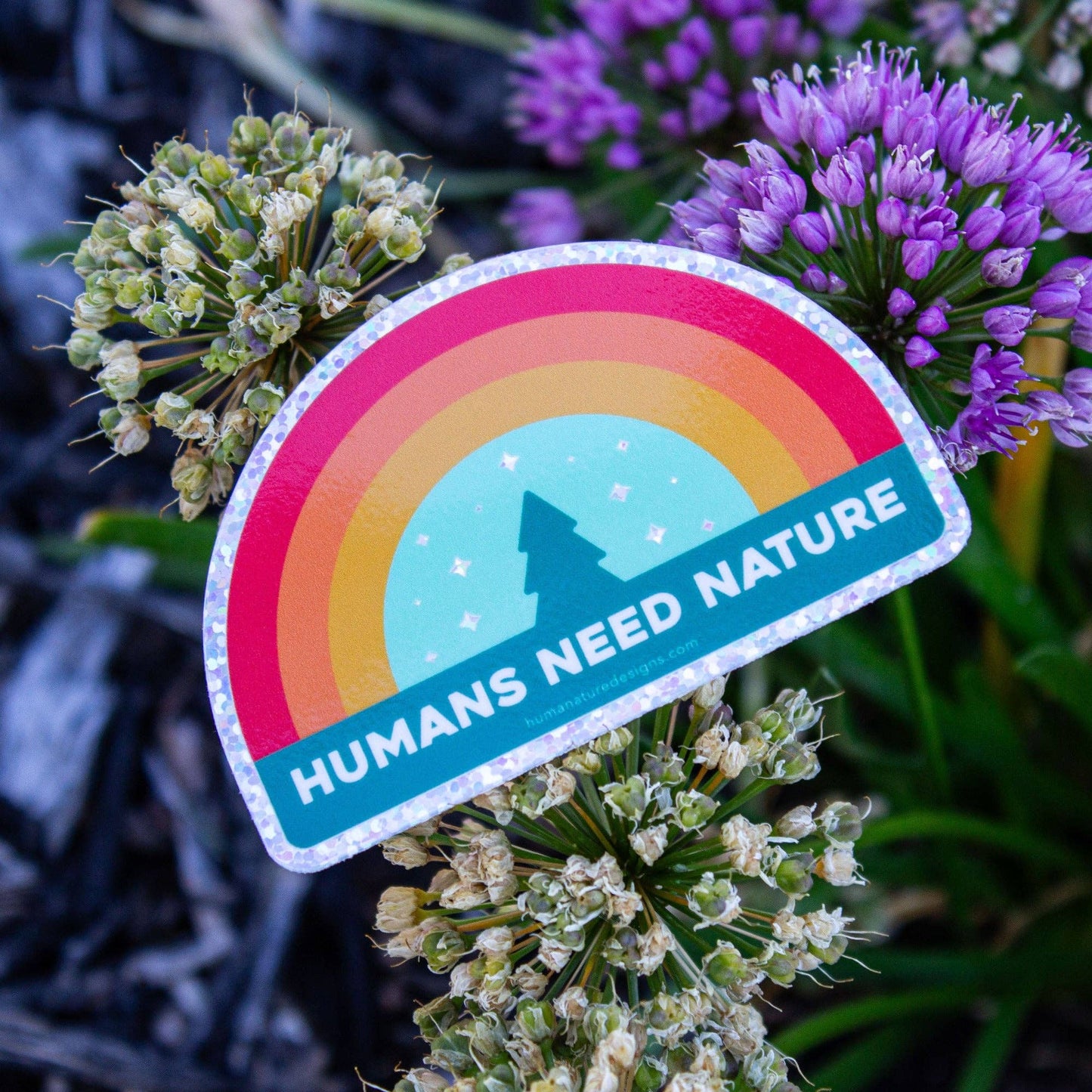 Humans Need Nature Colorful Glitter Sticker with Rainbow