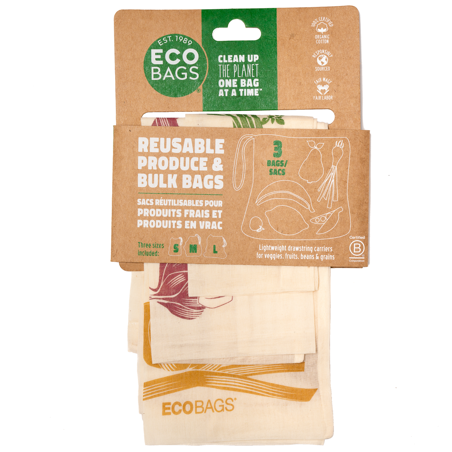 ECOBAGS - Organic Cotton Printed Reusable Produce Bags - 3 Pack