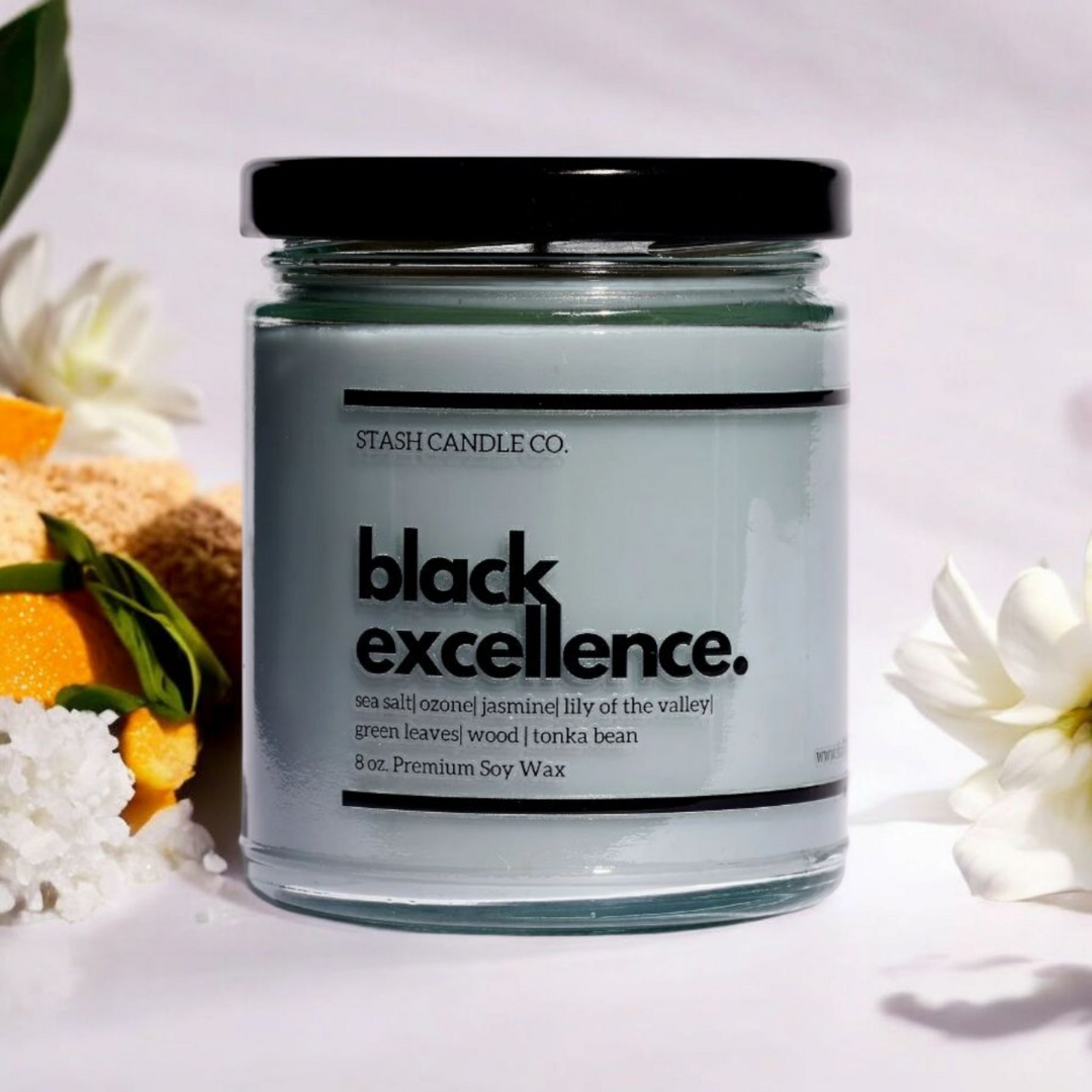 Stash Candle Co. - Black Excellence Candle, 8oz. Orange Freesia Amber Musk