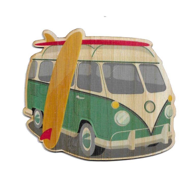 Bamboo Wood Stickers - Teal VW Van w/ Surfboard