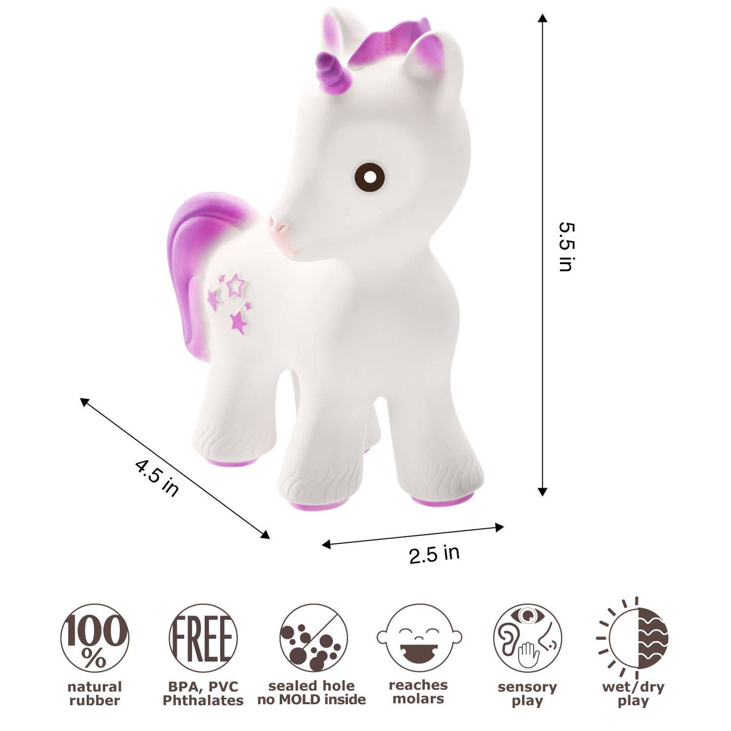 Natural Rubber Teether Unicorn, Non-Toxic, Mold-free Design