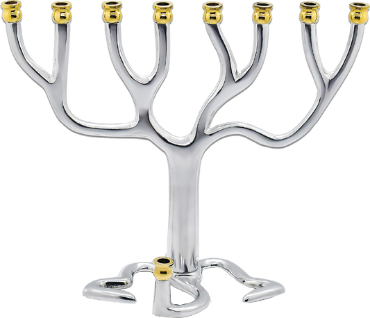 Ner Mitzvah - Tree of life Menorah - Silvertone Gold Tip -  9 Inches