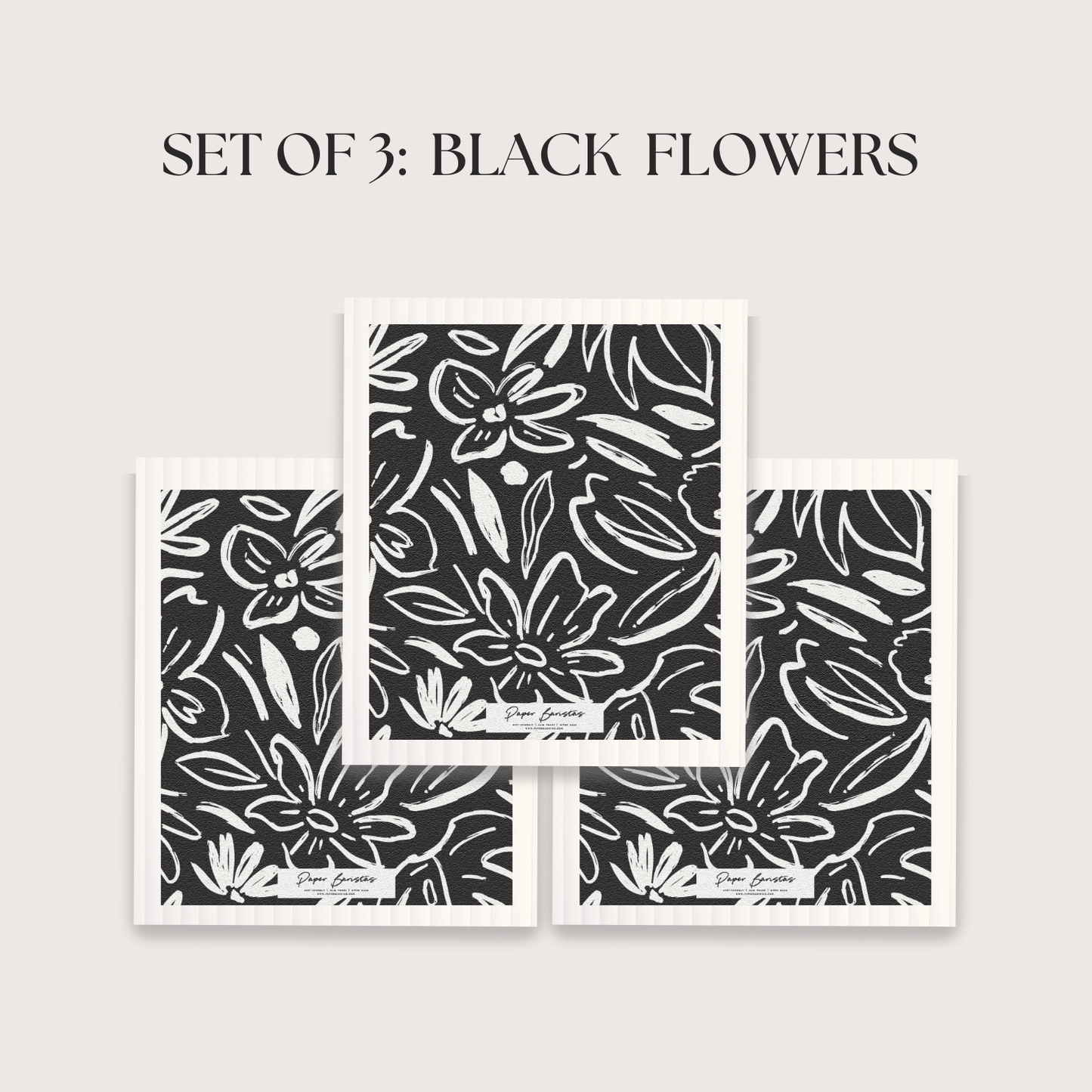 Paper Baristas - Set of 3 Swedish Dishcloth: Earthy Florals Black