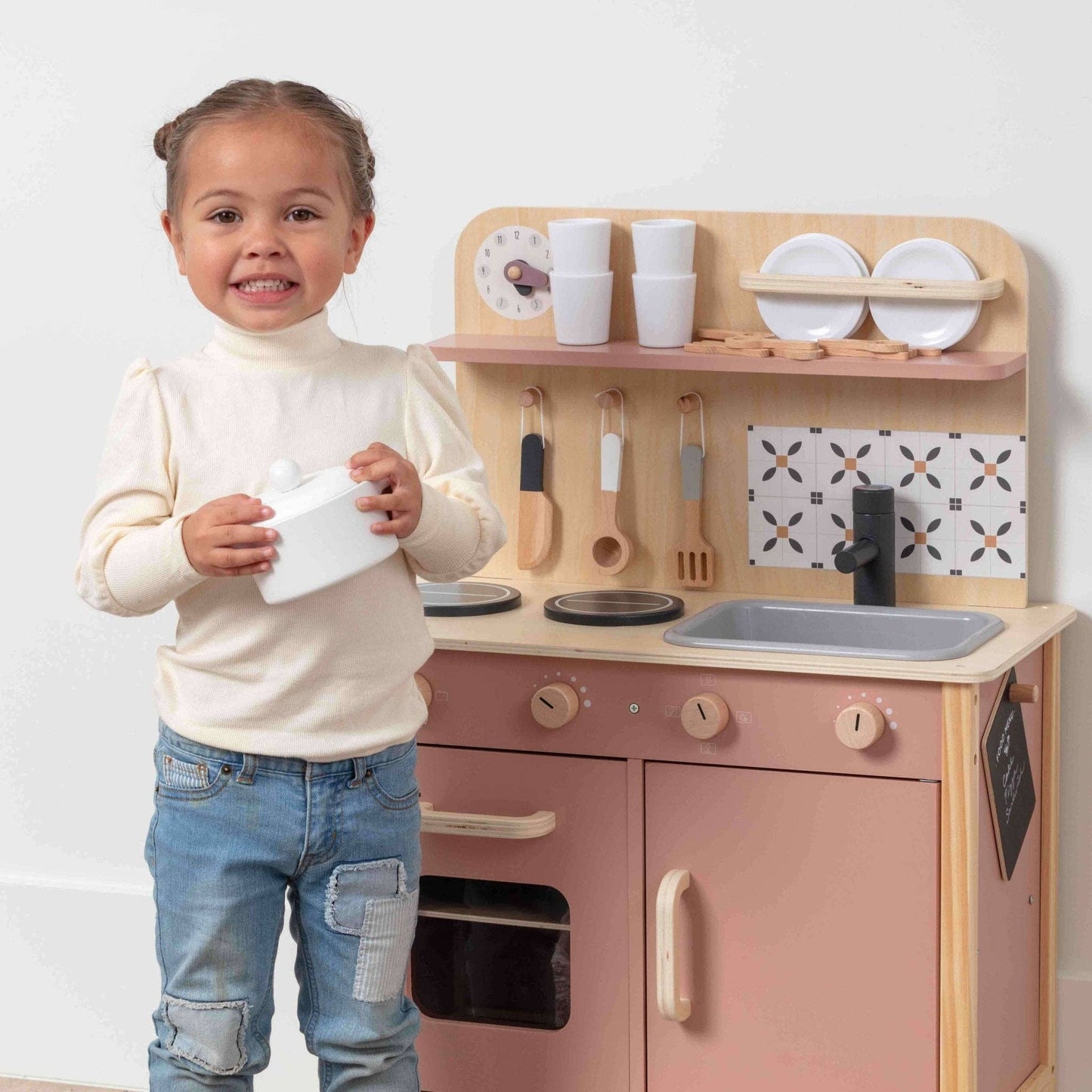 Wooden Play Kitchen Set - Montessori Pretend Cooking, Baking