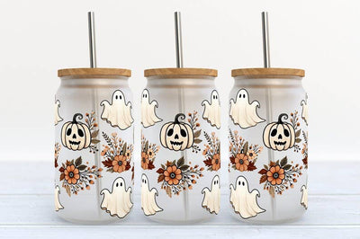 Kate Haven Glass Tumblers for Every Occasion - Ghost Pumpkin Flower 16oz Frosted Libbey Glass Tumbler 