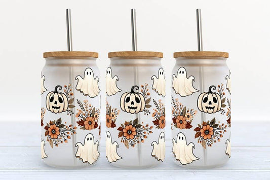 Kate Haven Glass Tumblers for Every Occasion - Ghost Pumpkin Flower 16oz Frosted Libbey Glass Tumbler 
