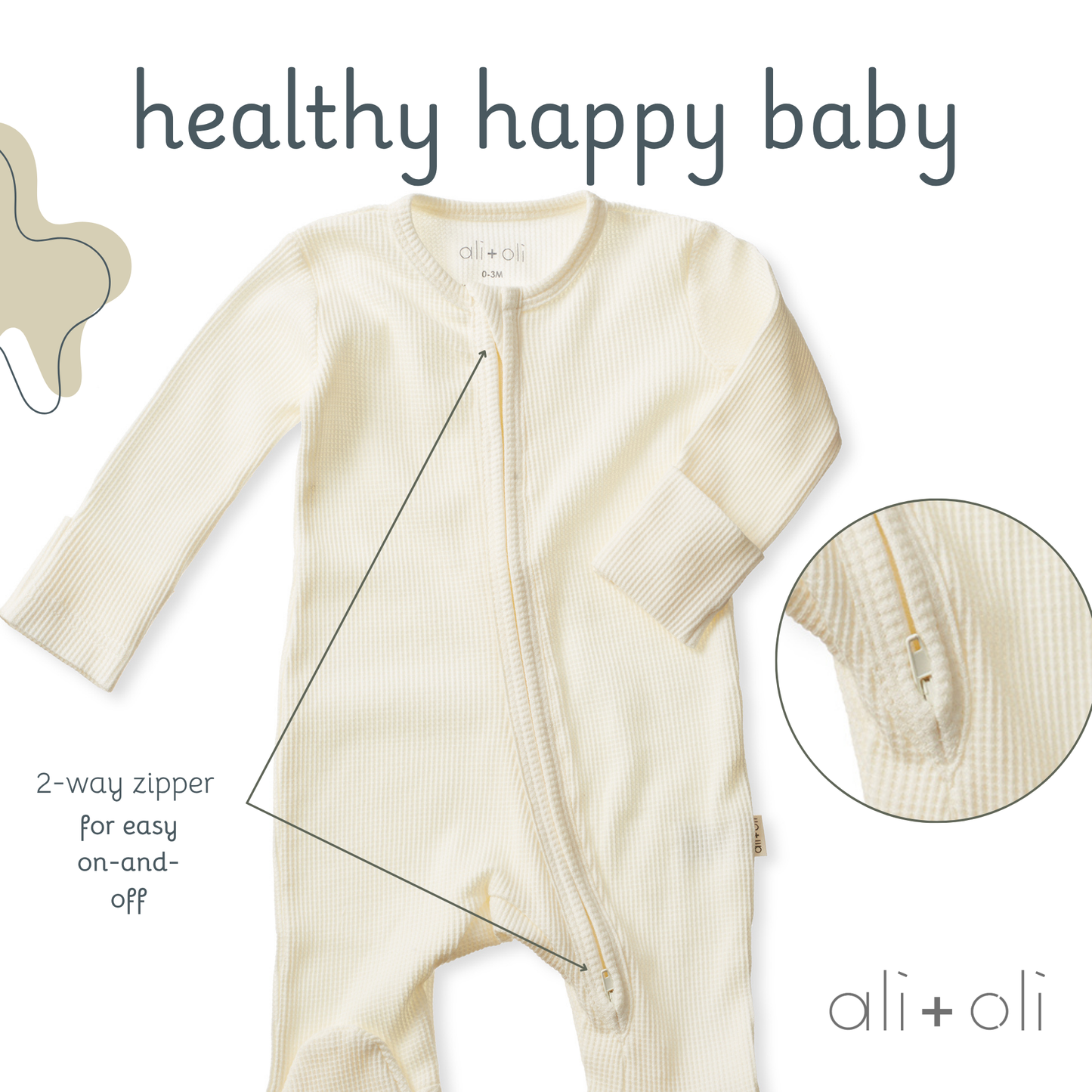 Ali+Oli - Baby Footie 2-Way Zipper – Organic Cotton Waffle Knit