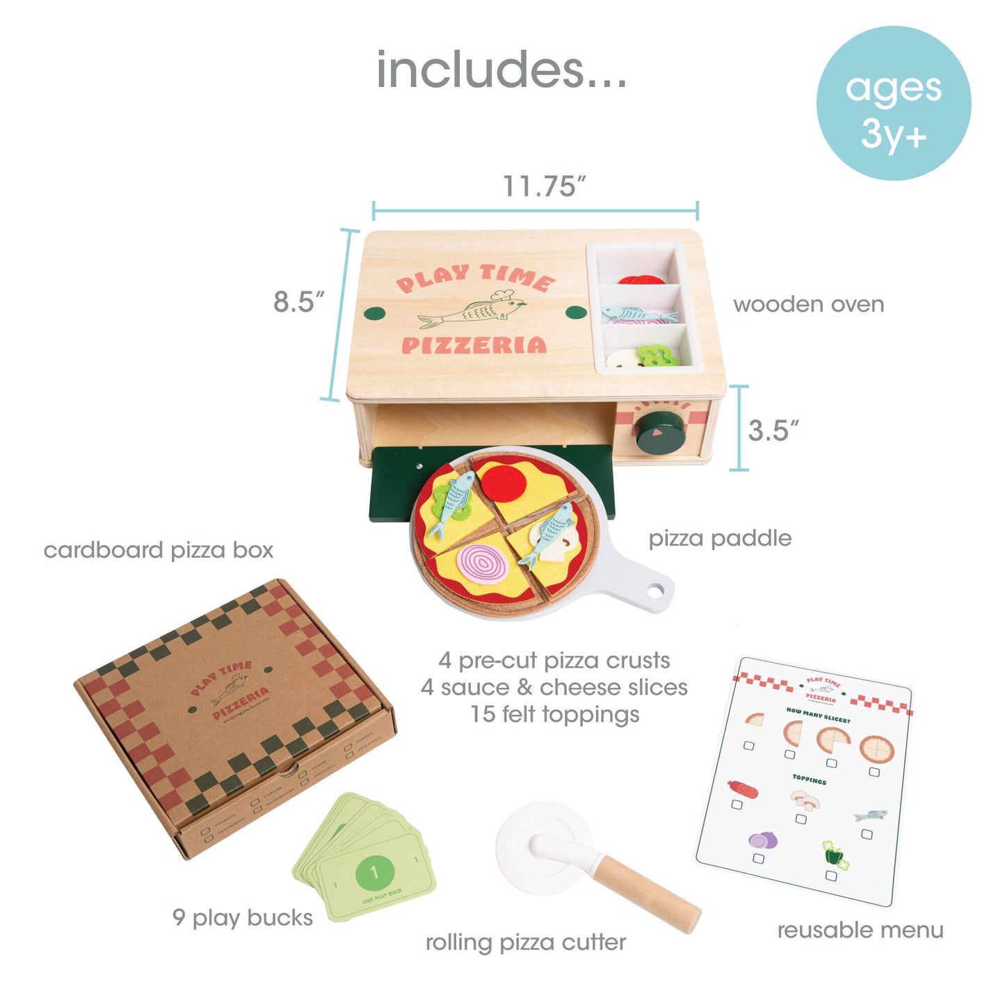 Pearhead - Wooden Pizzeria Toy Set, 18-Piece Pizza Pretend Play Food