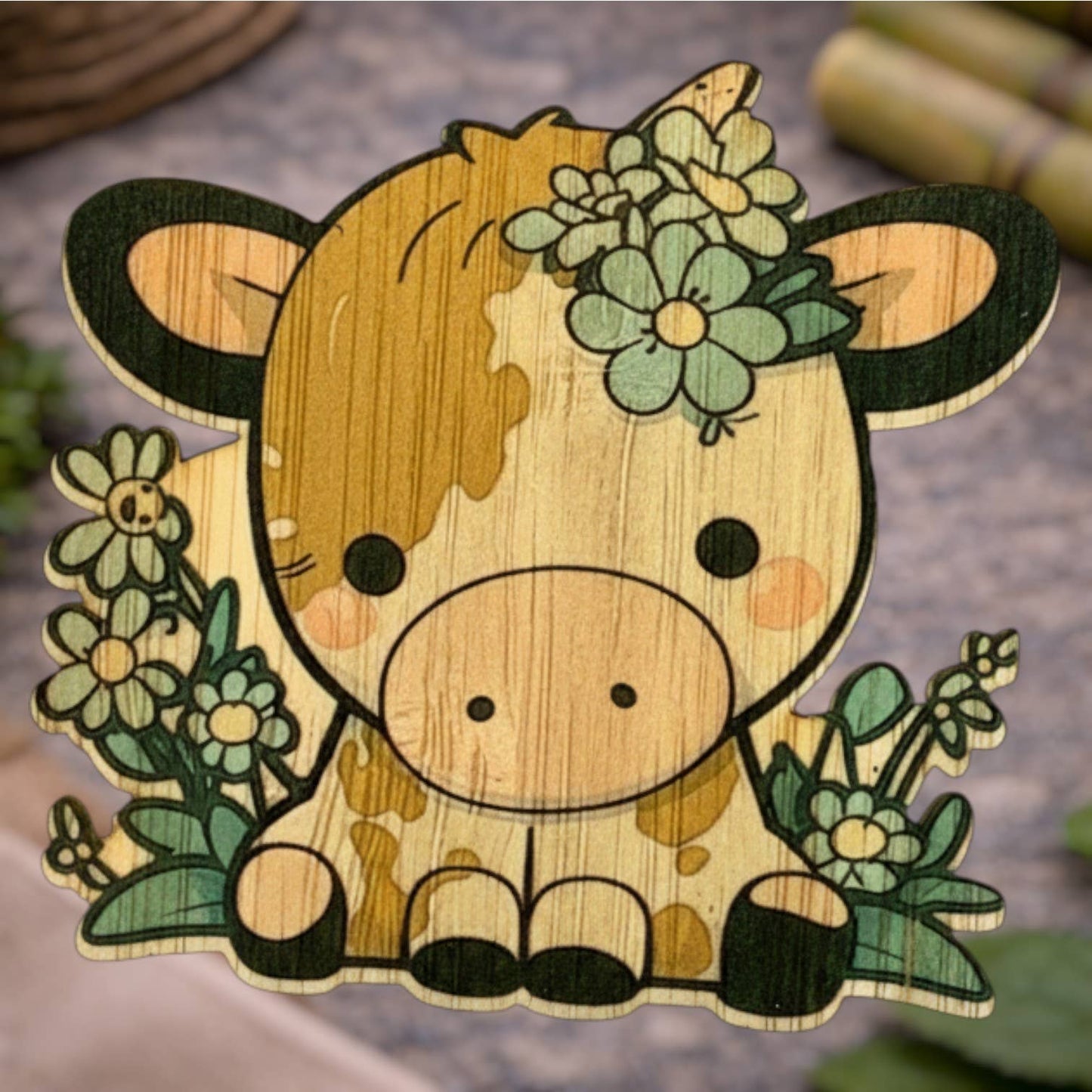 Bamboo Wood Stickers - Cute Cow