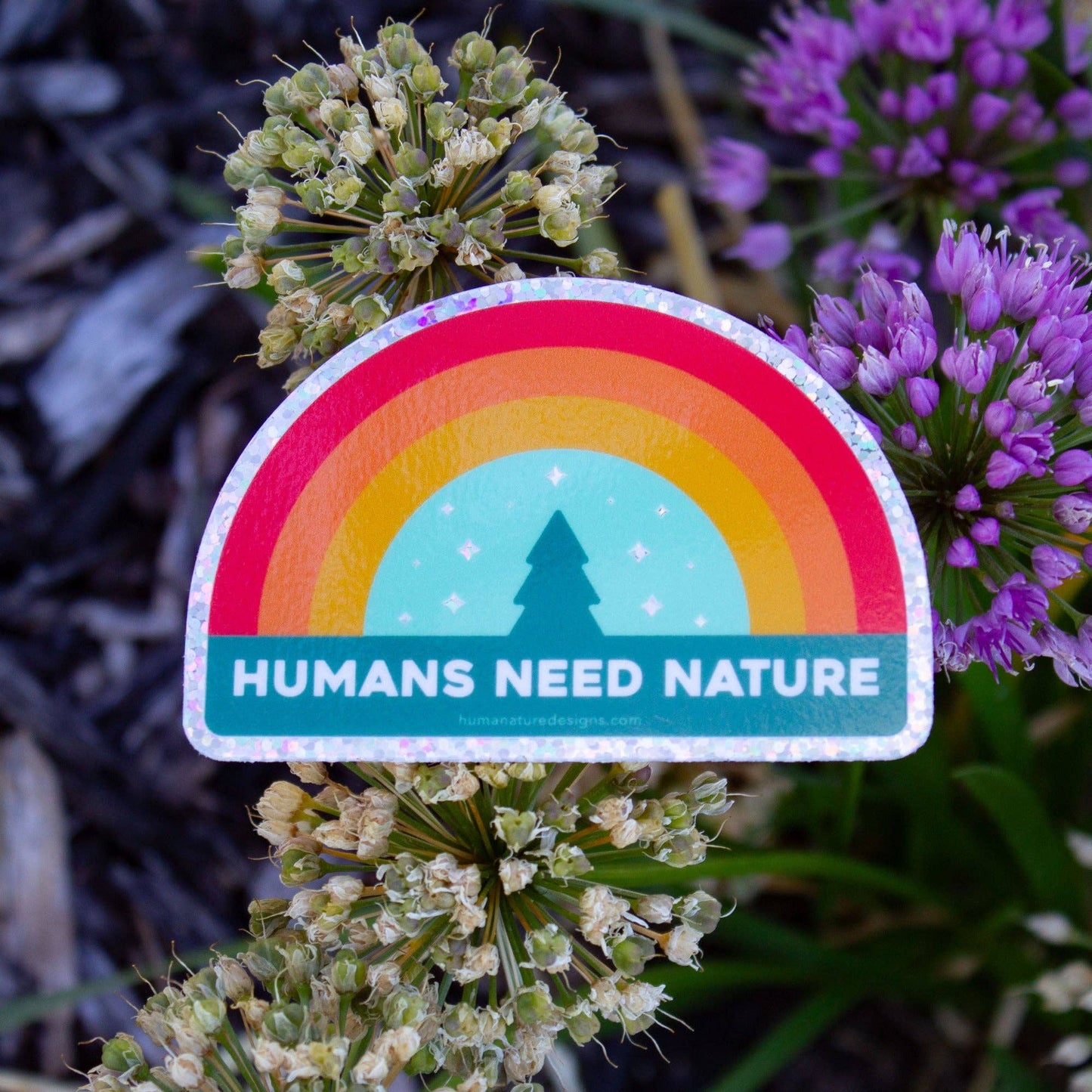 Humans Need Nature Colorful Glitter Sticker with Rainbow