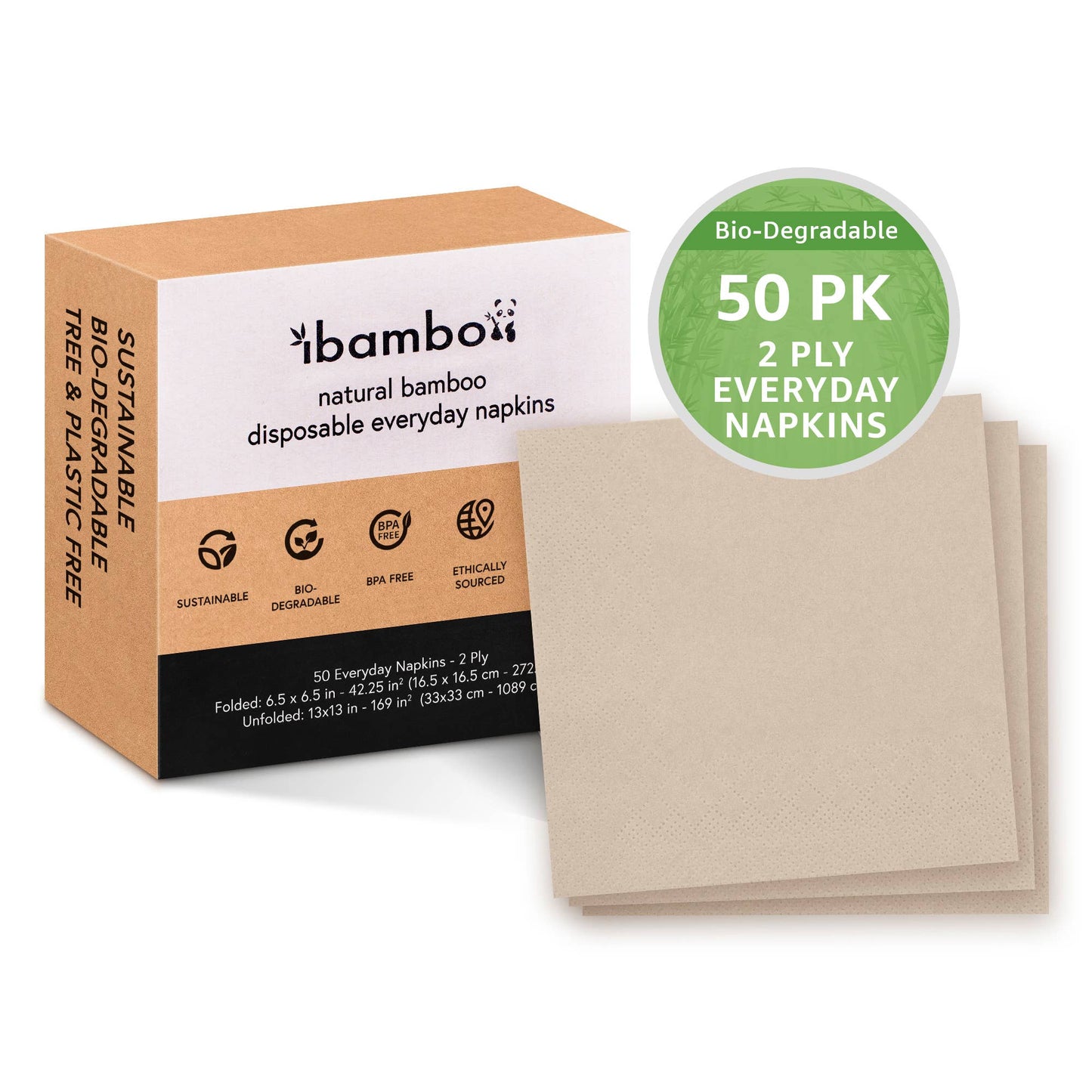 Ibambo Bamboo Everyday Napkins - 50 Pack - 2 Ply