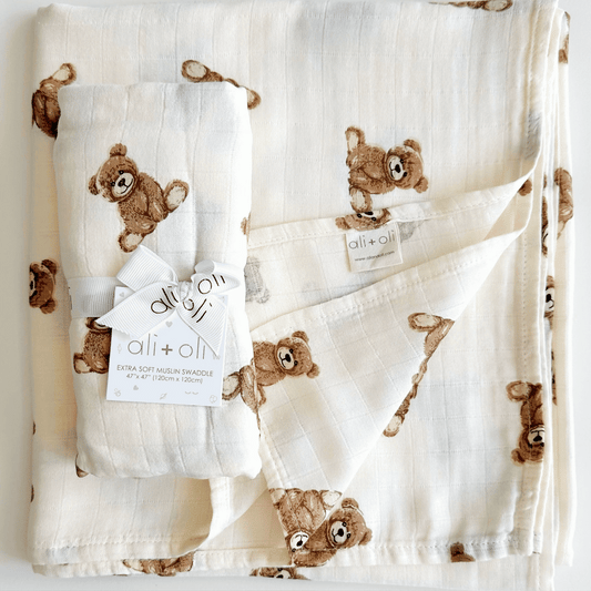 Ali+Oli - Bamboo Muslin Swaddle Baby Blanket (Teddy Bear)