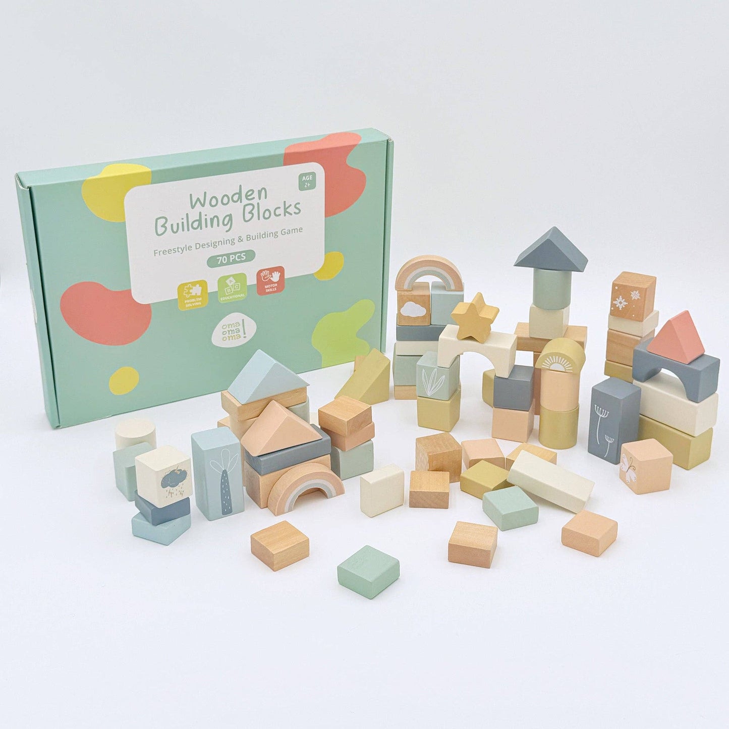 Wooden Safari Building Blocks - Set 70pc Natural Wood 2+